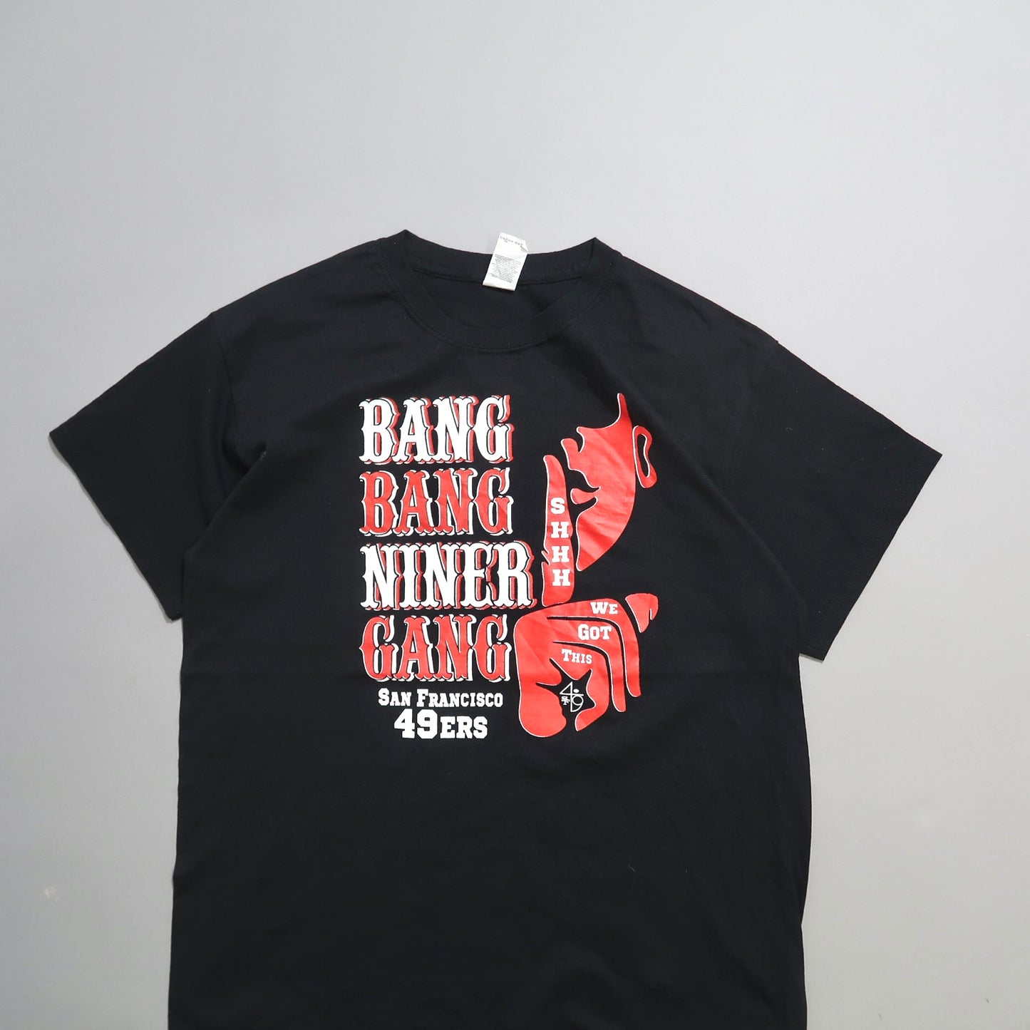 Black T-shirt with nullBang Bang Niner Gangnull and 49ers design.