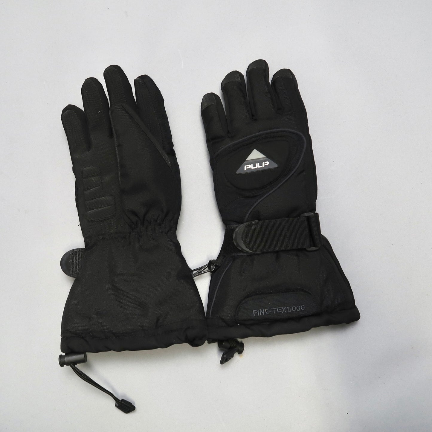 Black winter gloves with adjustable straps, displayed side by side.
