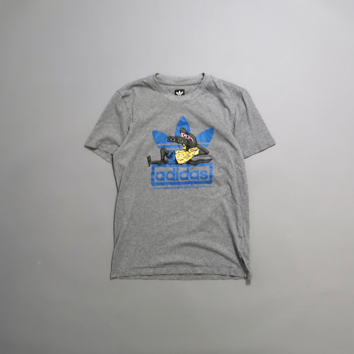 Gray Adidas t-shirt with blue logo and character graphic.