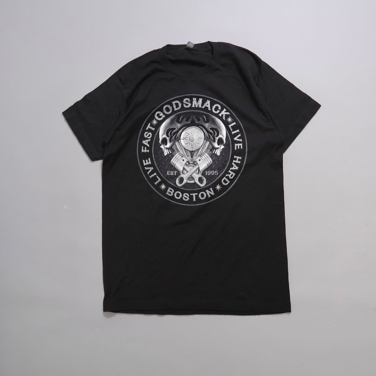Black T-shirt with nullLive Fast, Live Hardnull graphic and skull design.