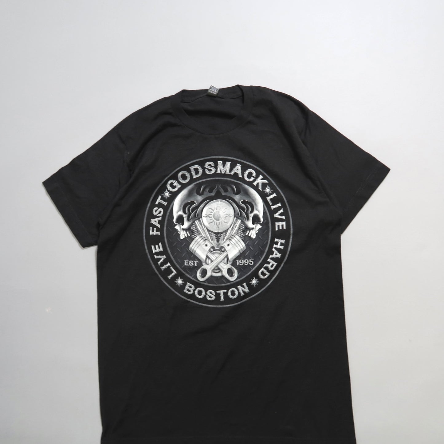 Black T-shirt with Godsmack logo and nullLive Fast Live Hardnull text.