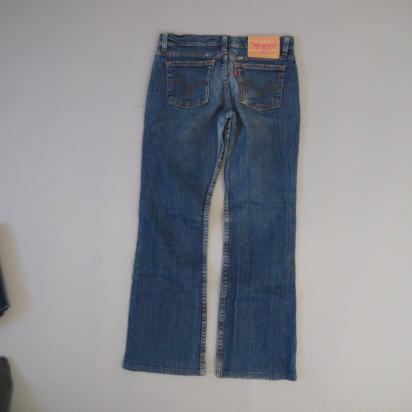Back view of blue jeans on a plain surface.