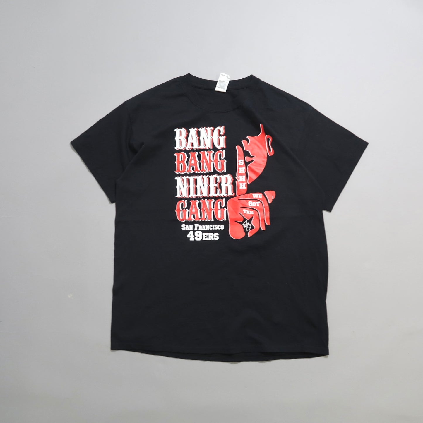 Black T-shirt with nullBang Bang Niner Gangnull San Francisco 49ers design.