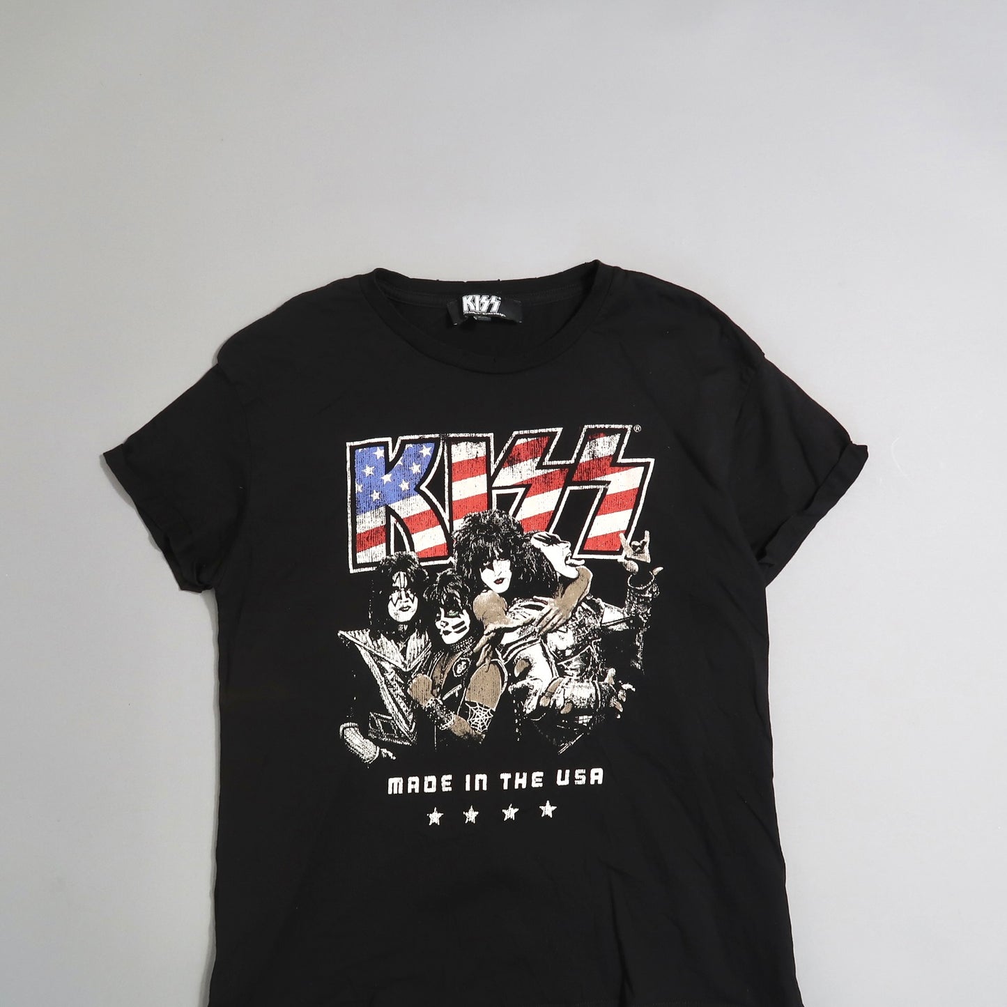 Black KISS T-shirt with band graphic and nullMade in the USAnull text.