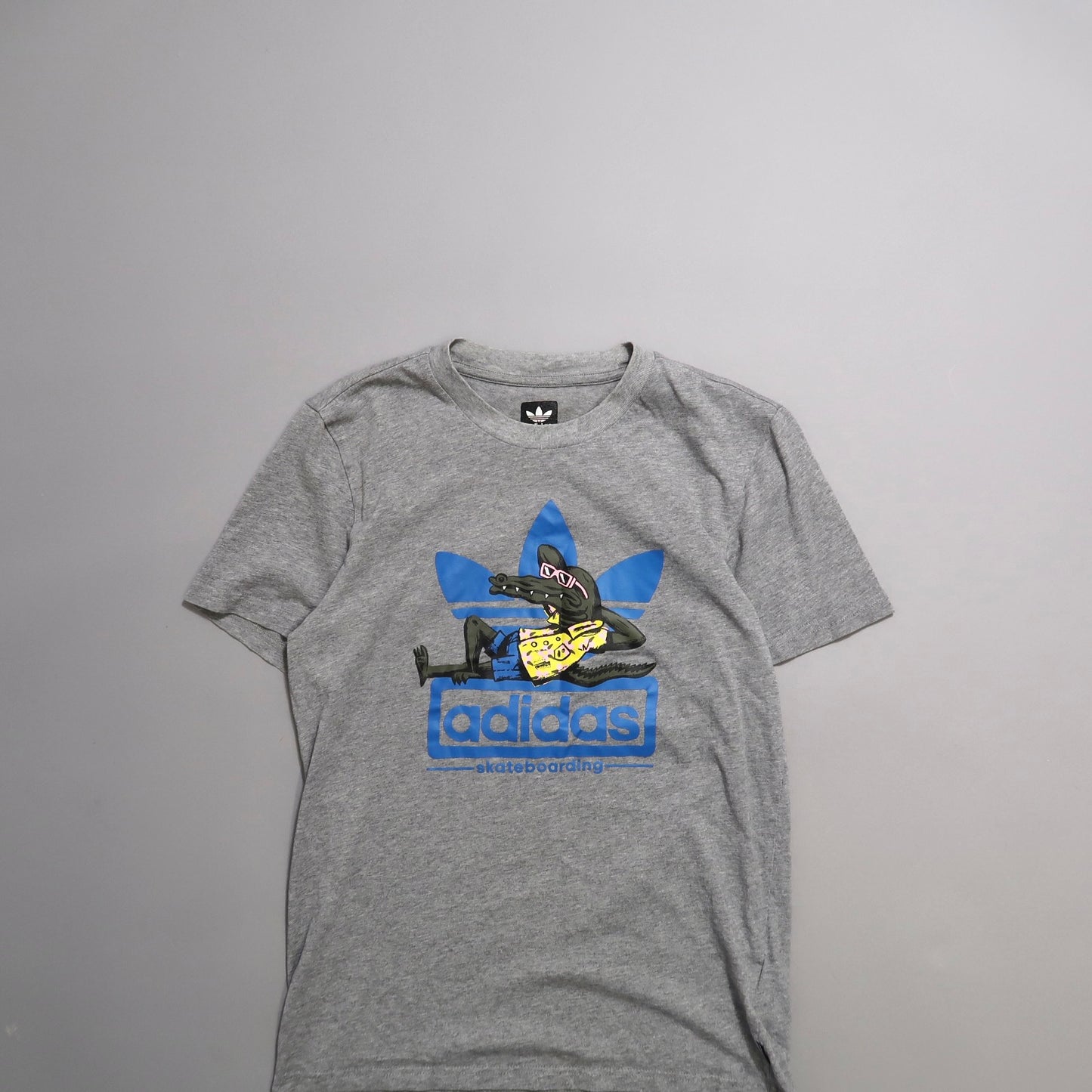 Gray T-shirt with blue Adidas logo and cartoon graphic.