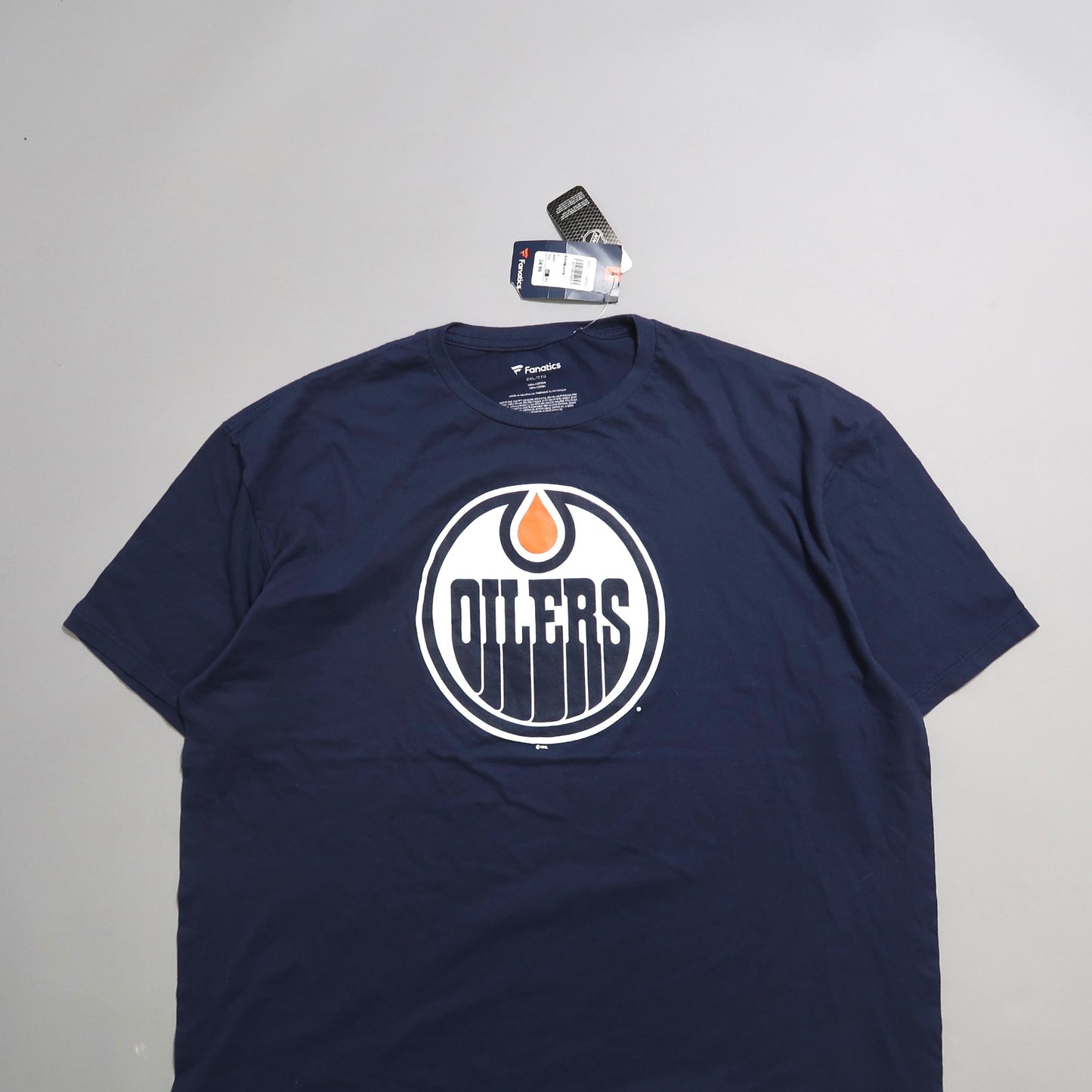 Navy blue T-shirt with Oilers logo and tags visible.