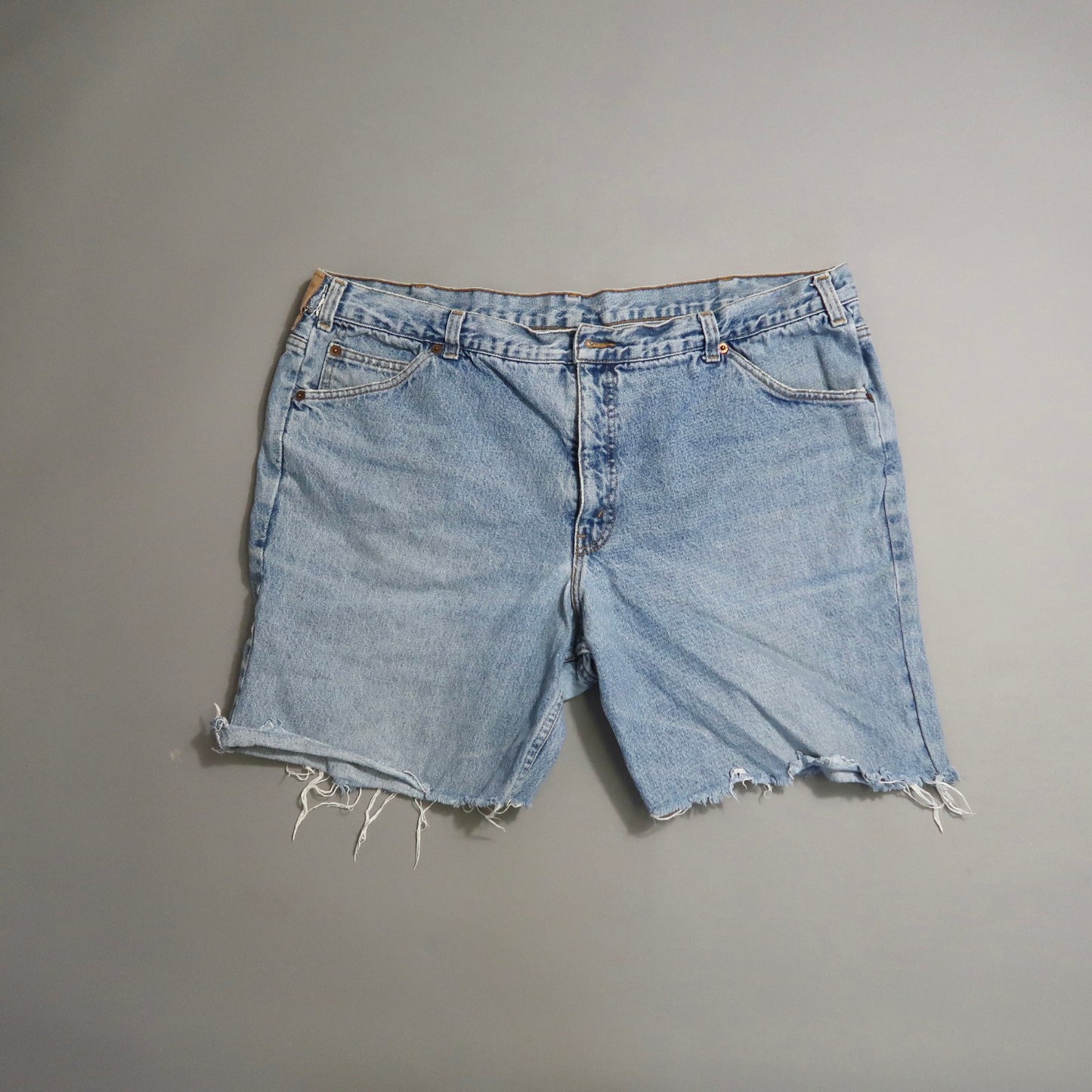 Light blue denim shorts with frayed hems on a neutral background.