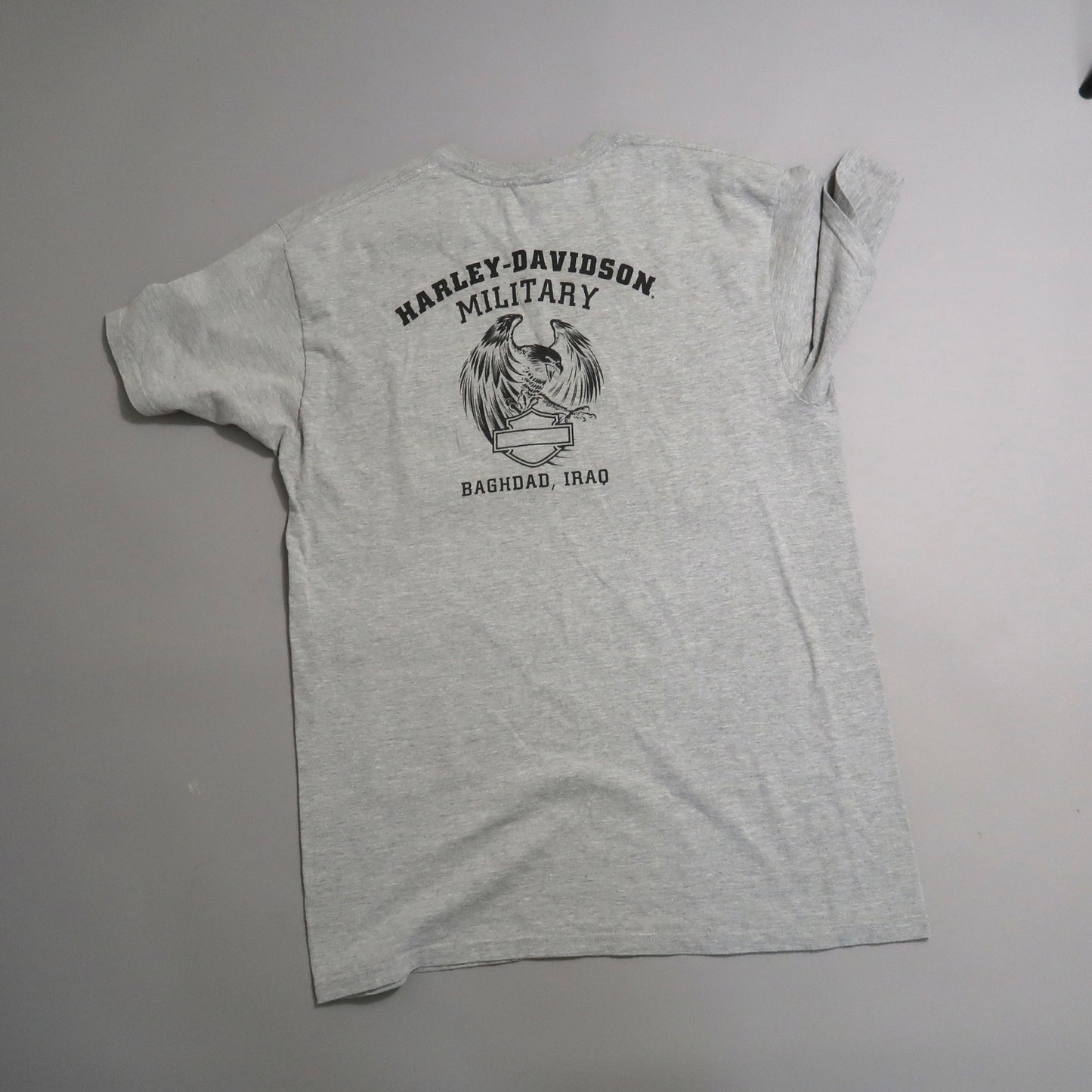 Gray t-shirt with nullHarley-Davidson Military Baghdad, Iraqnull design.