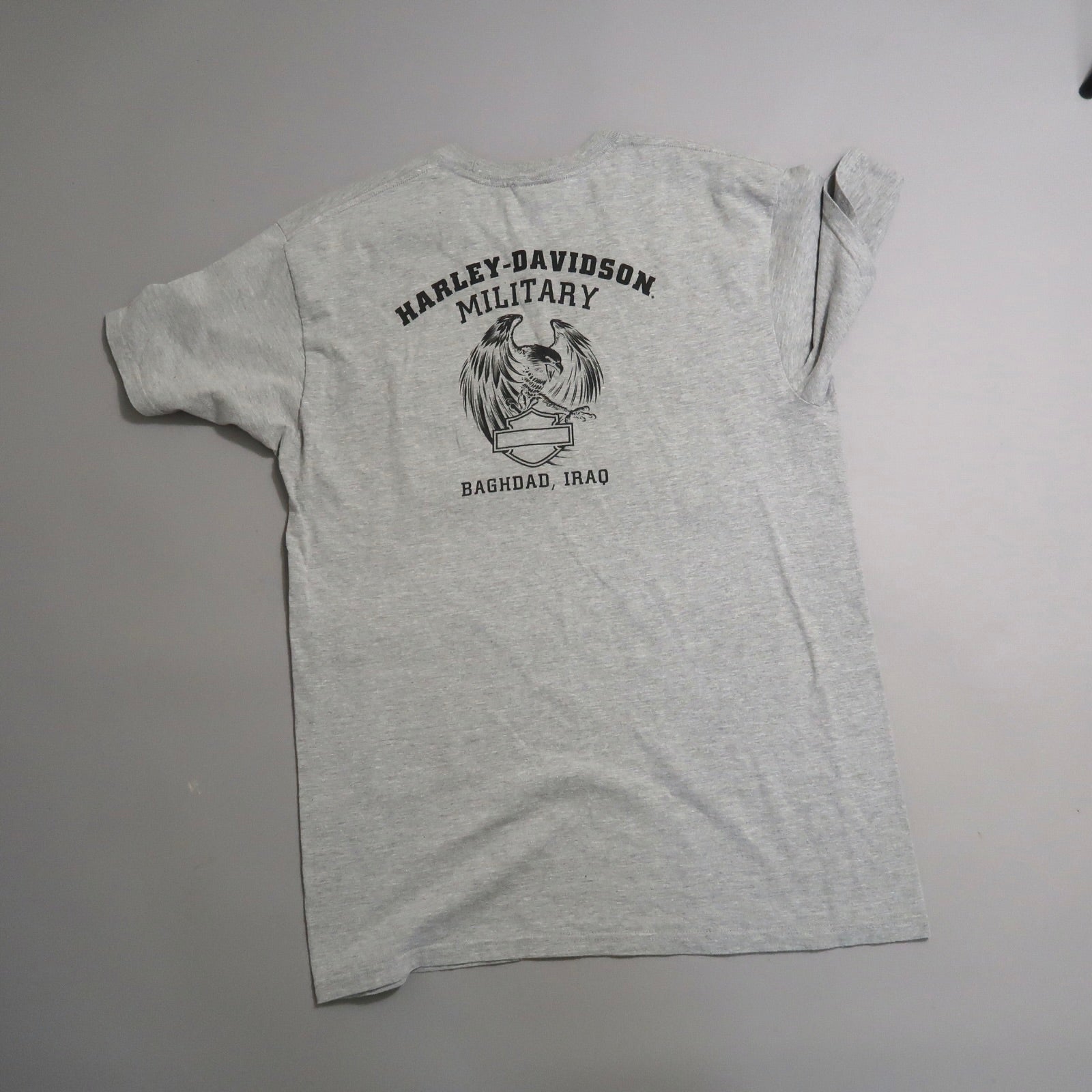 Gray t-shirt with nullHarley-Davidson Military Baghdad, Iraqnull design.