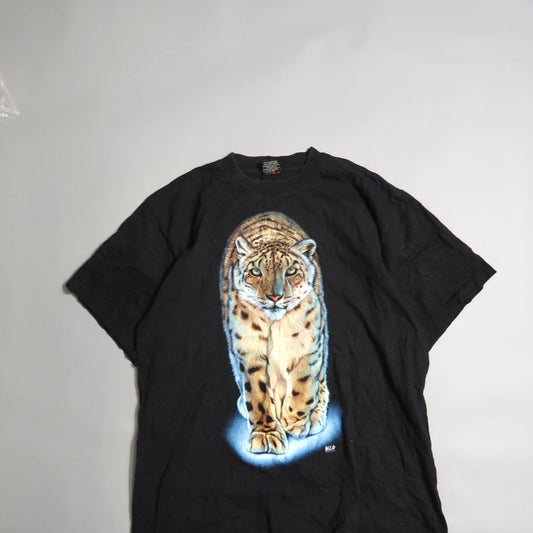 Black t-shirt featuring a large leopard graphic on the front.