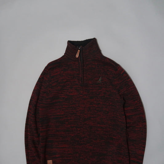 Dark red and black marled pullover sweater with a half-zip collar.