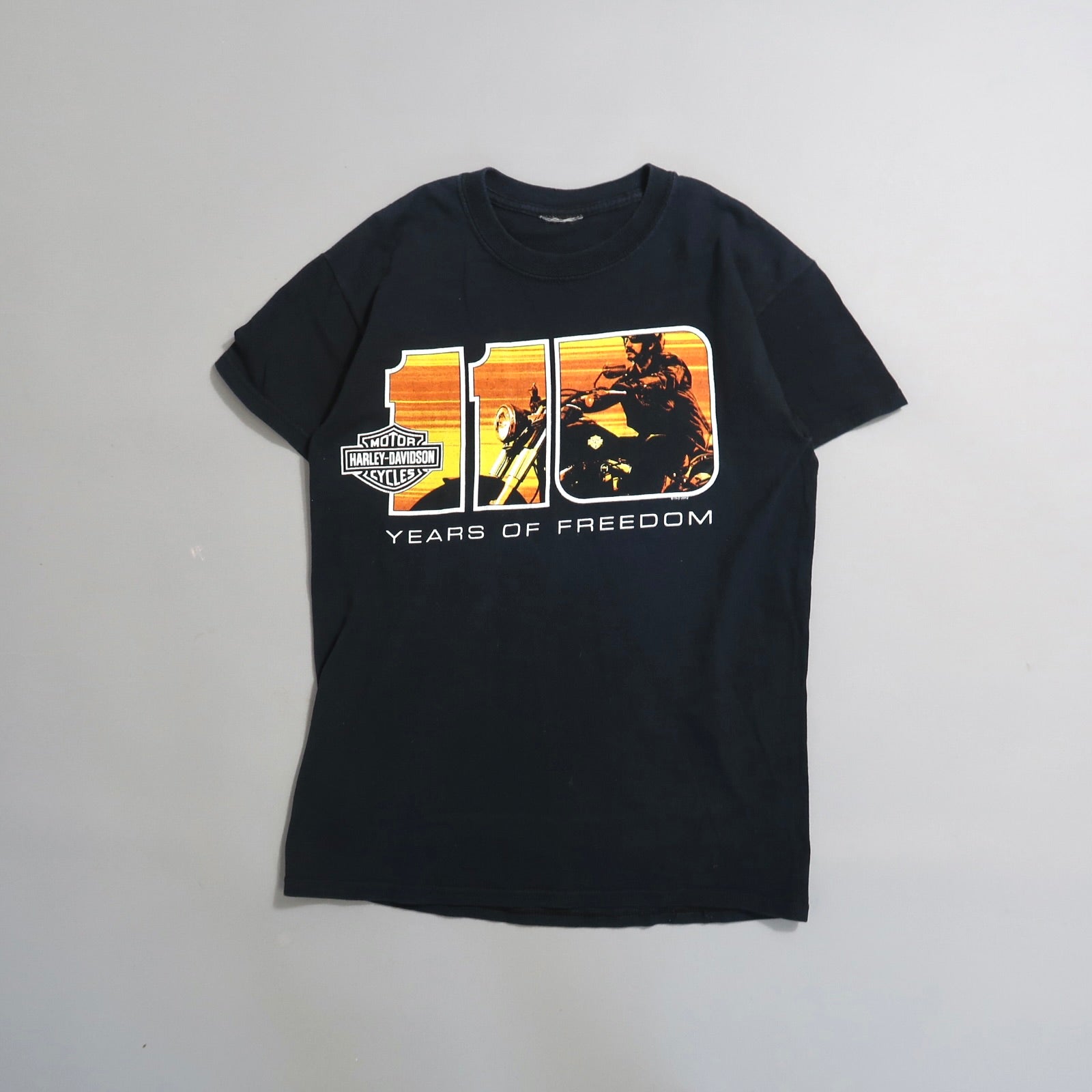 Black T-shirt with null110 Years of Freedomnull design and motorcycle image.