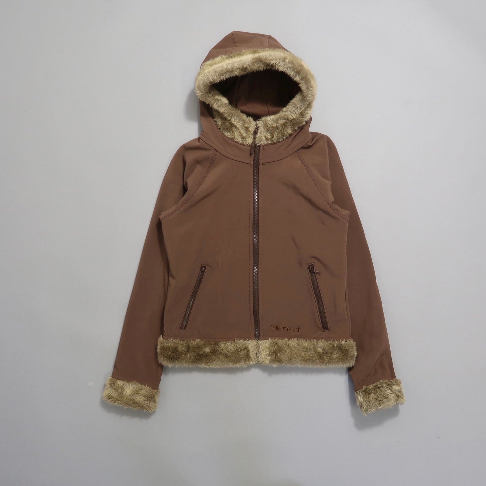 Brown hooded jacket with fur trim on hood, cuffs, and hem.
