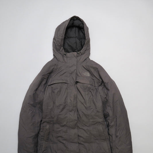 Gray hooded jacket on a plain white background.