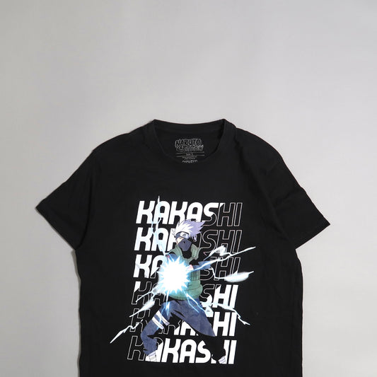 Black T-shirt with Kakashi graphic from Naruto series.
