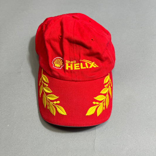 Red cap with nullShell Helixnull logo and yellow leaf embroidery.