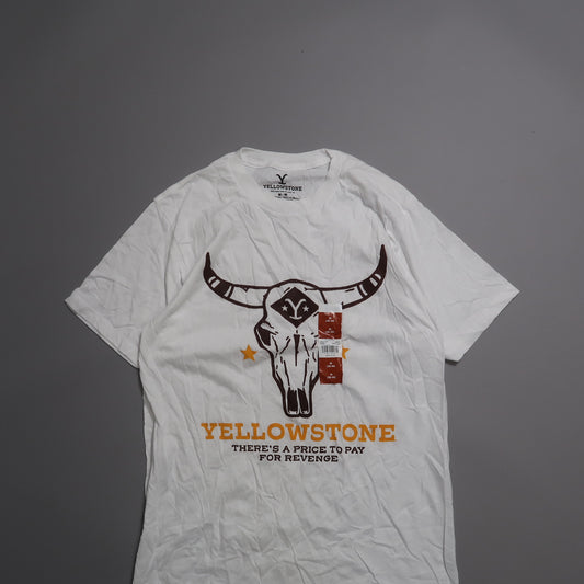 White T-shirt with a bison skull design and nullYellowstonenull text.