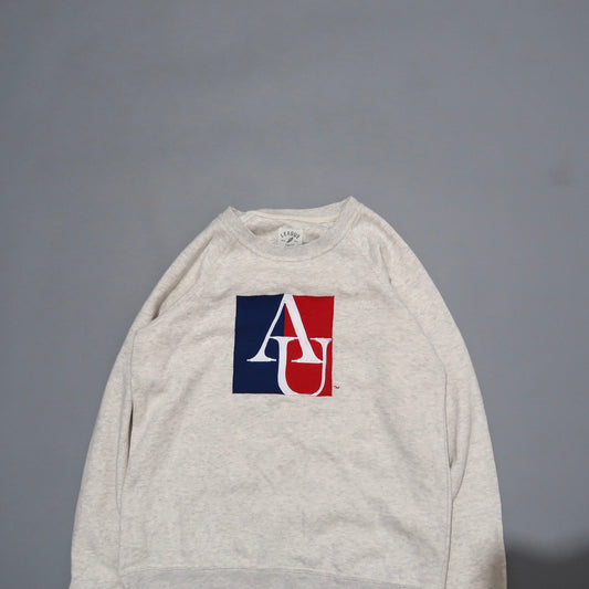 Gray sweatshirt with red and blue square logo featuring letters nullAnull and nullUnull.