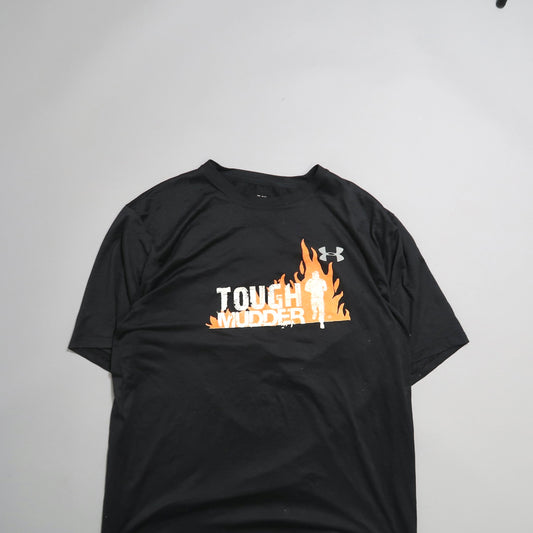 Black nullTough Muddernull T-shirt with flame design and Under Armour logo.