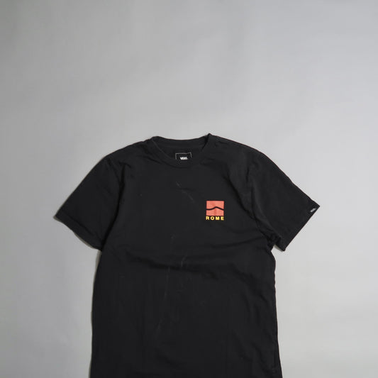 Black t-shirt with orange nullRomenull logo on a grey background.