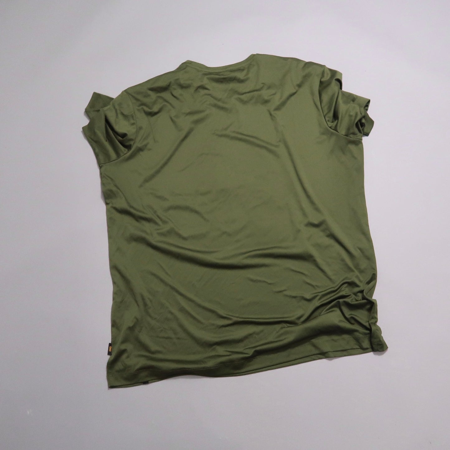 Olive green t-shirt laid flat, showing the back view.