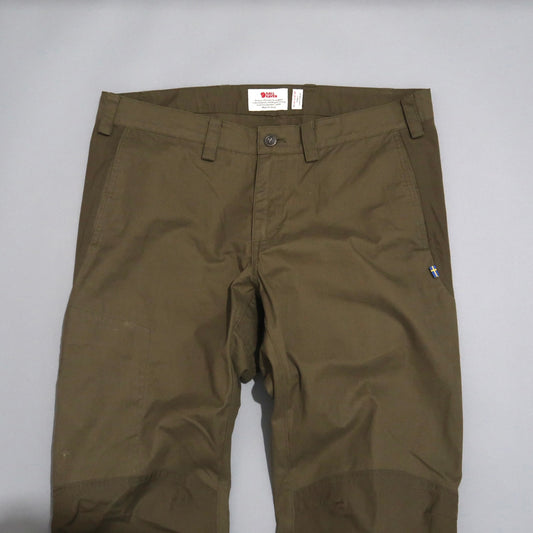 Olive green pants with a single button and waistband loops.
