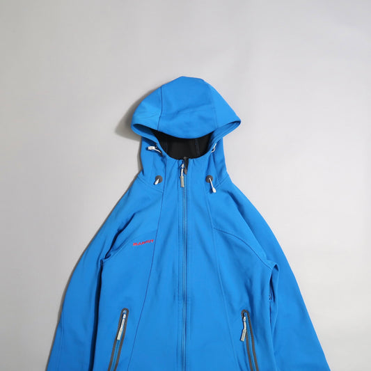 Blue hooded jacket with zippers, displayed on a plain background.