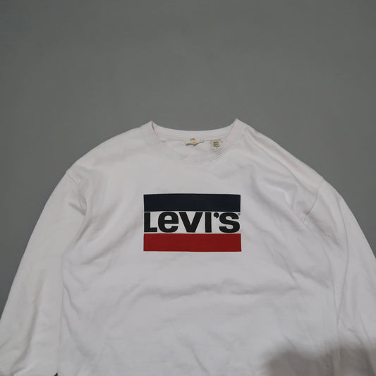White Levi's sweatshirt with a blue and red logo on a gray background.