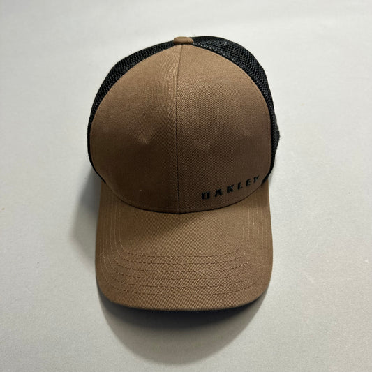 Brown and black baseball cap with mesh back and nullOakleynull logo.