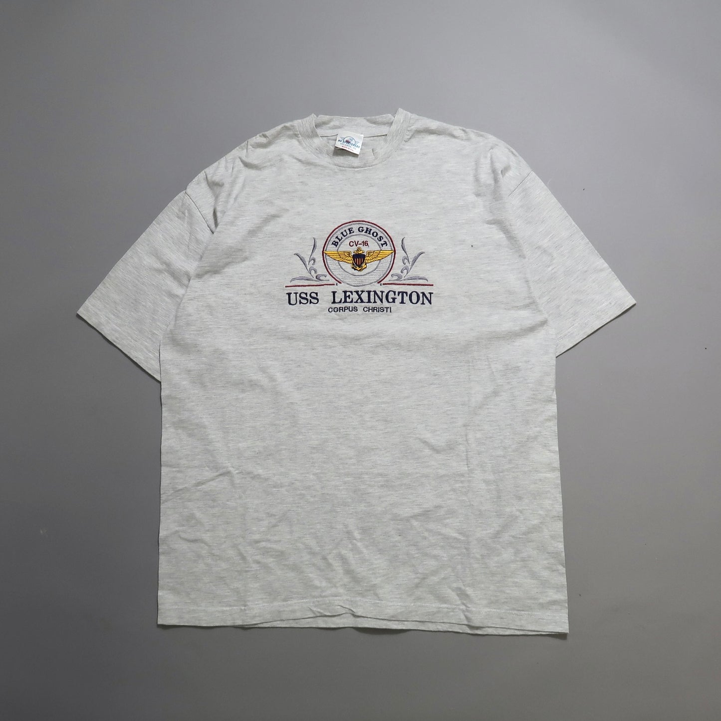 Gray USS Lexington T-shirt with nullBlue Ghostnull emblem.