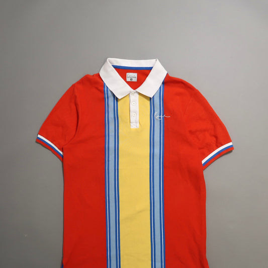 Colorful polo shirt with vertical stripes and white collar.