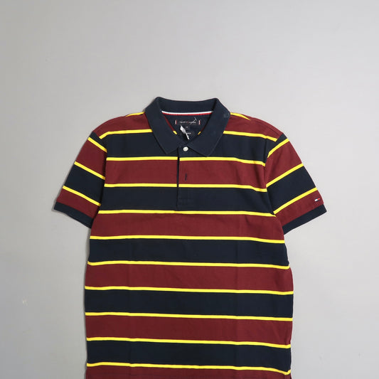 Striped navy and burgundy polo shirt with yellow lines.