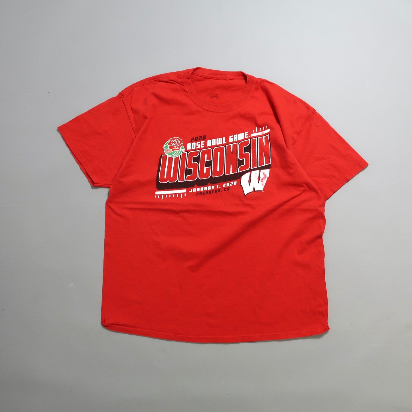 Red Wisconsin Rose Bowl 2020 T-shirt with event details.