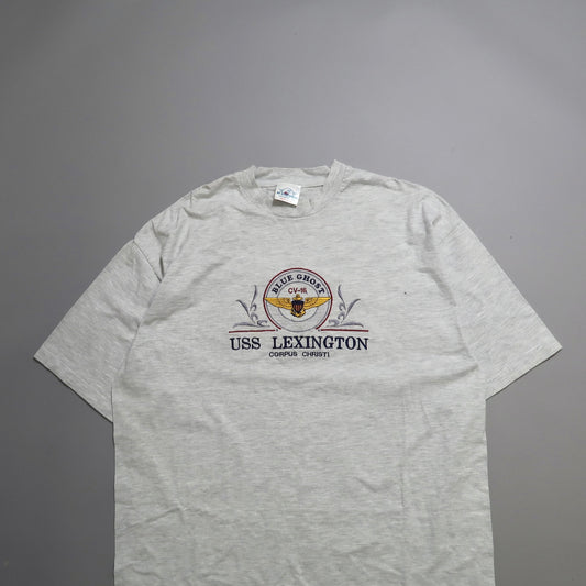 Gray t-shirt featuring nullUSS Lexingtonnull and nullBlue Ghostnull emblem.
