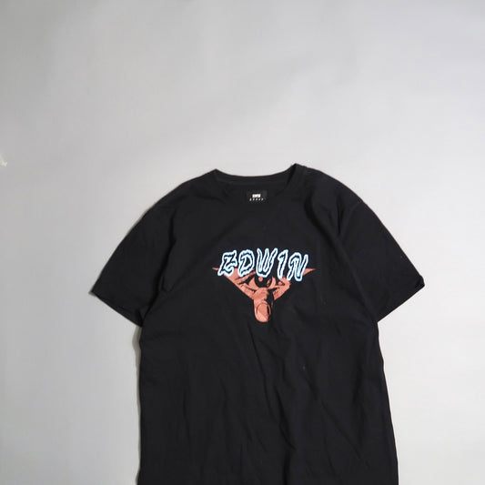 Black T-shirt with nullEDWINnull and graphic design on the front.
