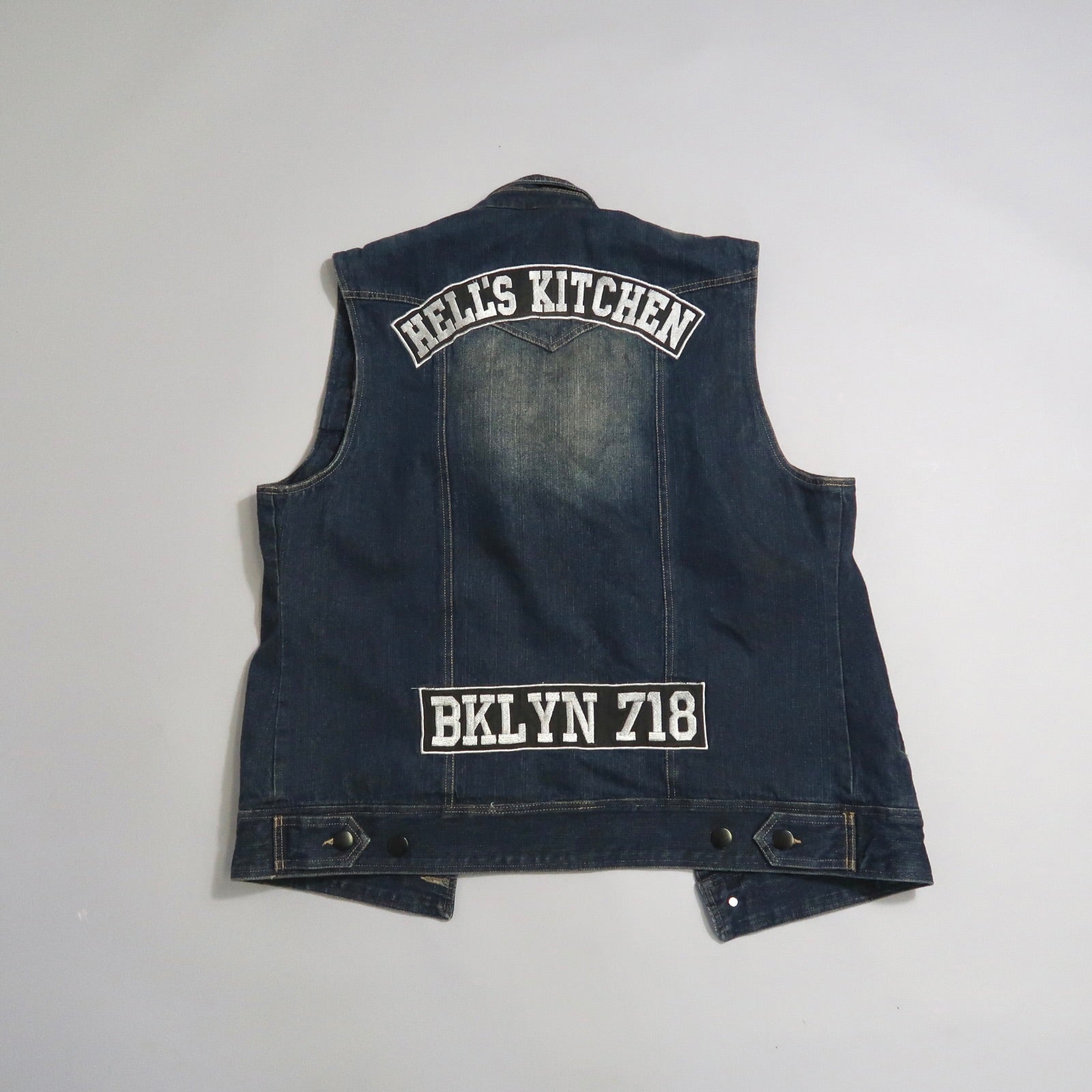Denim vest with nullHELL'S KITCHENnull and nullBKLYN 718null patches on the back.