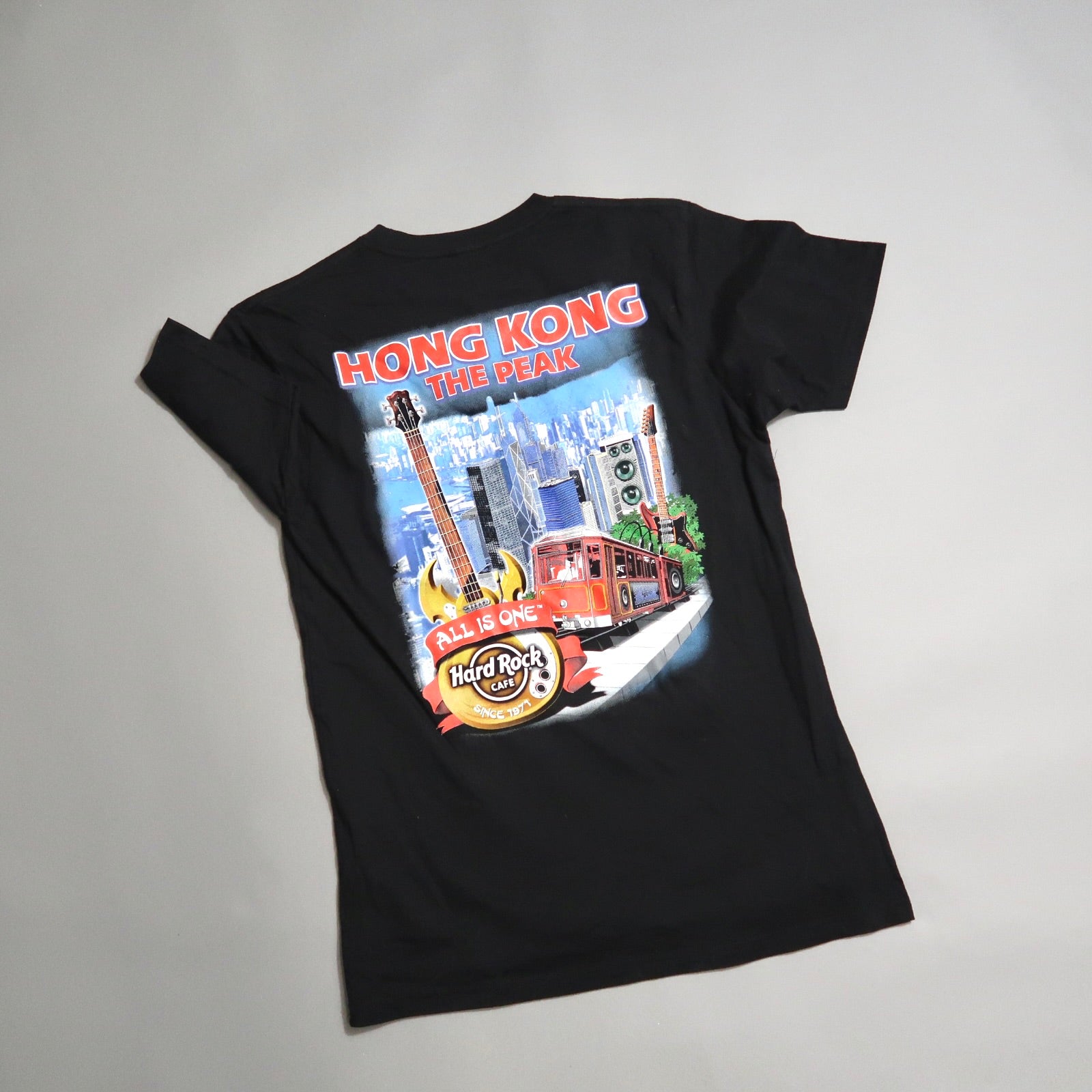 Black T-shirt featuring Hong Kong Hard Rock Café design.