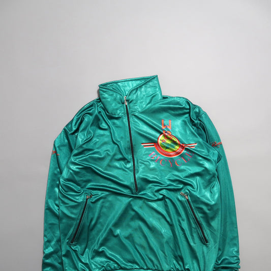 Green jacket with red and yellow nullBicyclenull logo on the front.