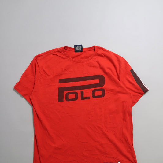 Red T-shirt with large nullPolonull text and logo on the front.