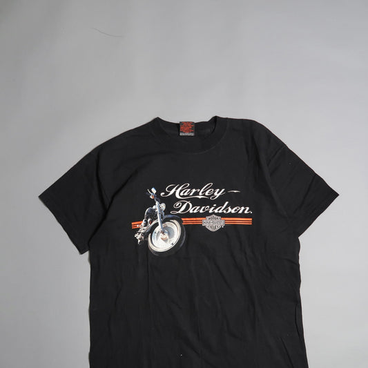 Black Harley-Davidson t-shirt with motorcycle design.