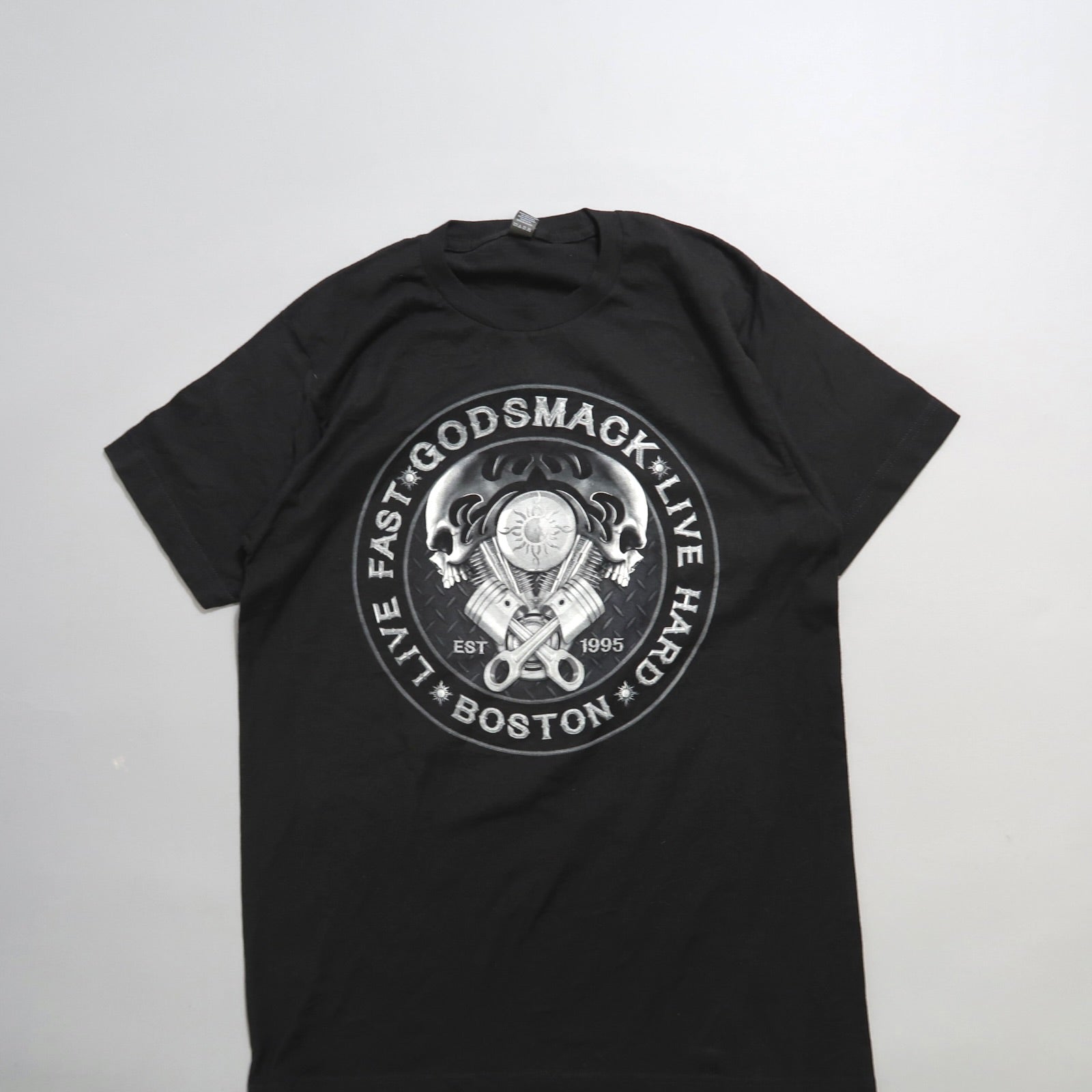 Black T-shirt with Godsmack logo and nullLive Fast Live Hardnull text.
