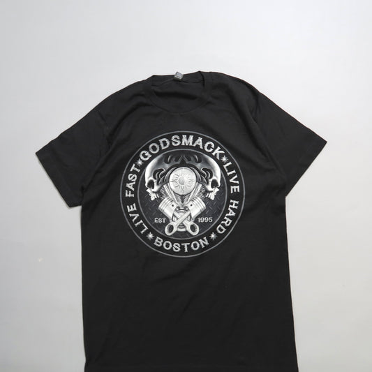 Black T-shirt with Godsmack logo and nullLive Fast Live Hardnull text.
