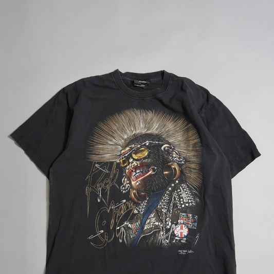 Black T-shirt with punk rock gorilla graphic and bold text design.
