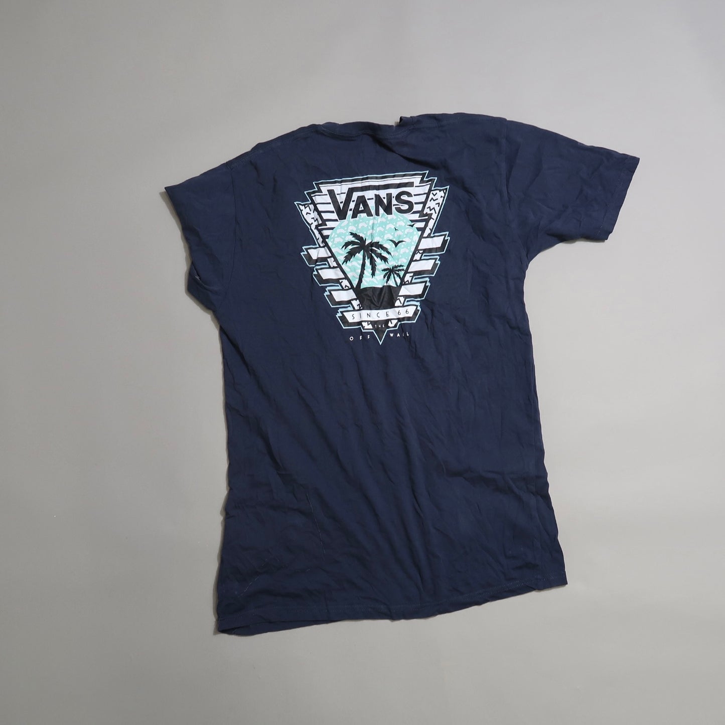 Navy T-shirt with a Vans logo and palm tree graphic on the back.