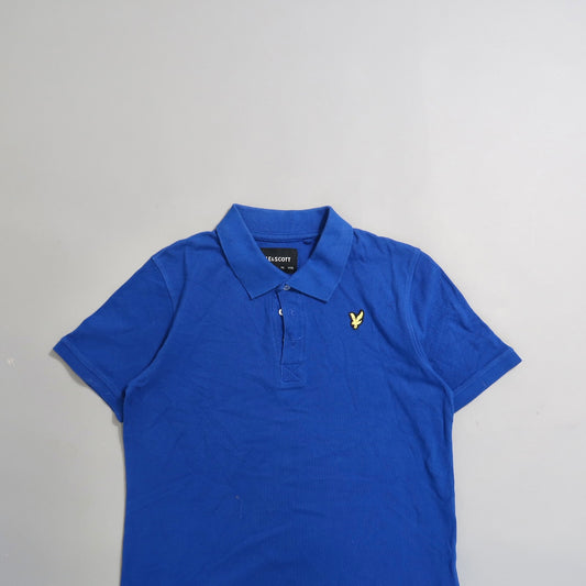 Blue polo shirt with a small embroidered logo on the chest.