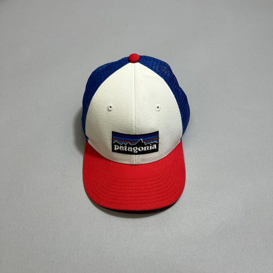 Blue and red Patagonia cap on a gray background.