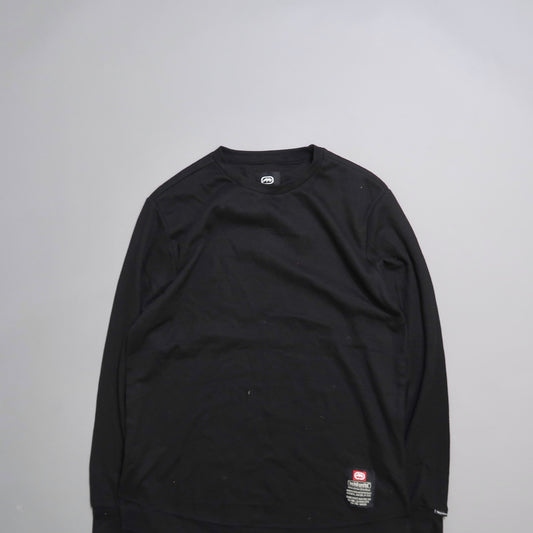 Black long-sleeve shirt on a gray background.