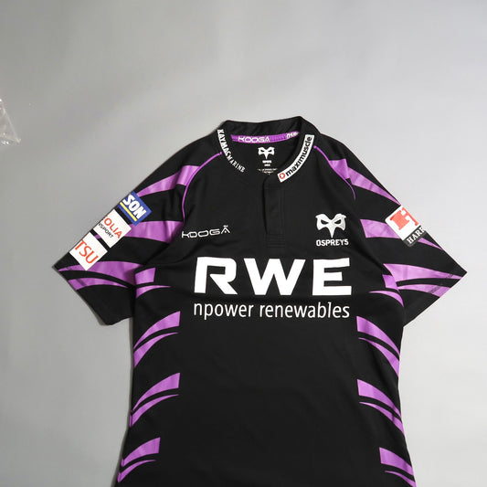 Black and purple Ospreys rugby jersey with sponsor logos.