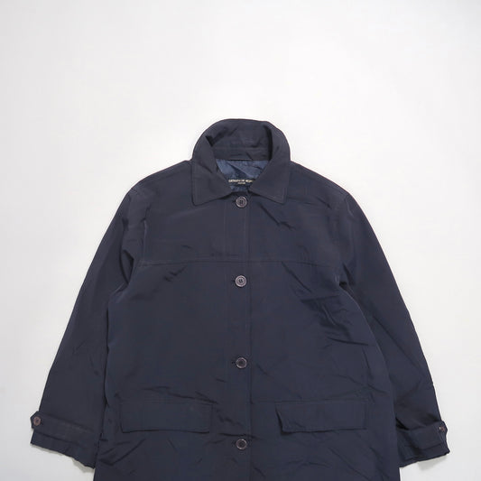 Dark navy button-up coat with collar and pockets.