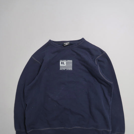 Navy blue sweatshirt with white nullPolo Jeans Companynull logo on front.